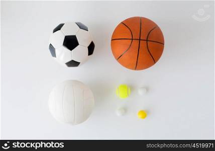 sport, fitness, game, sports equipment and objects concept - close up of different sports balls set over white background from top