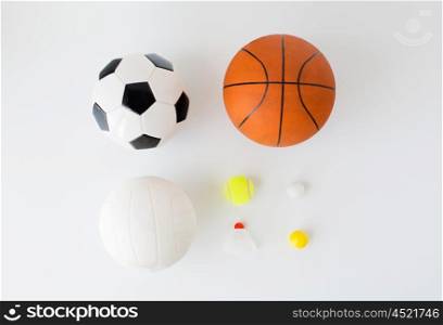 sport, fitness, game, sports equipment and objects concept - close up of different sports balls set and shuttlecock over white background from top
