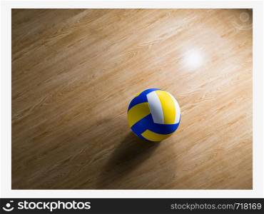Sport, fitness, game, sports equipment and objects concept - close up of volleyball ball on wooden floor from top, isolated, copy Space. Volleyball court wooden floor with ball isolated on black with copy-space