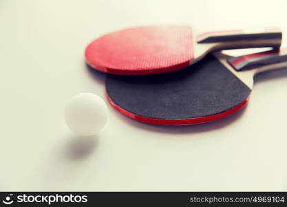 sport, fitness, healthy lifestyle and objects concept - close up of ping-pong or table tennis rackets with ball. close up of table tennis rackets with ball