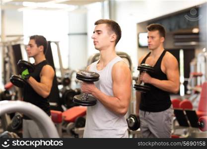 sport, fitness, lifestyle and people concept - group of men with dumbbells in gym