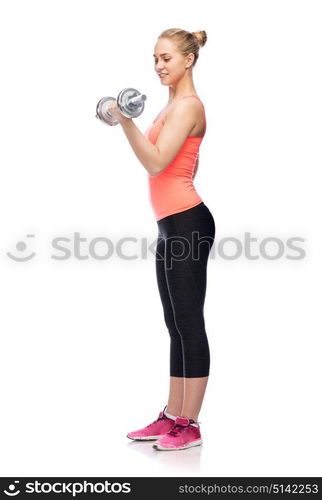 sport, fitness, lifestyle and people concept - happy sportive woman with dumbbell flexing muscles. sportive woman flexing muscles with dumbbell