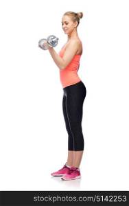 sport, fitness, lifestyle and people concept - happy sportive woman with dumbbell flexing muscles. sportive woman flexing muscles with dumbbell