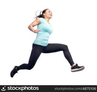 sport, fitness, motion and people concept - happy smiling young woman jumping in air over white background