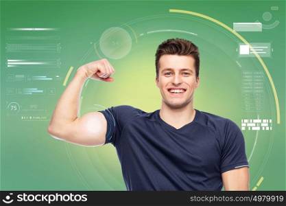 sport, fitness, power, strength and people concept - happy sportive man showing bicep over green background. sportive man showing bicep power