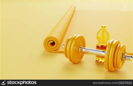 Sport fitness set with yoga mat drinking water bottle and dumbbell on pastel yellow background. Fitness and sport concept. Monocolor. 3D illustration rendering