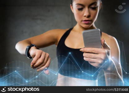 sport, fitness, technology and people concept - close up of young woman with heart-rate or smart watch and smartphone in gym. woman with heart-rate watch and smartphone in gym