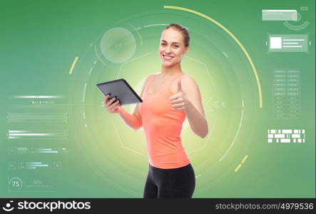 sport, fitness, technology and people concept - happy smiling sportive young woman with tablet pc computer over green background. happy smiling sportive young woman with tablet pc