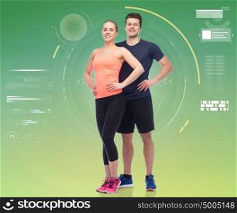 sport, fitness, technology and people concept - happy sportive man and woman. happy sportive man and woman