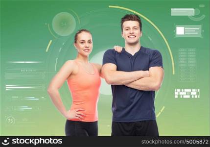 sport, fitness, technology and people concept - happy sportive man and woman. happy sportive man and woman