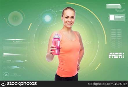 sport, fitness, technology and people concept - happy sportive woman with water bottle over green background. happy sportive young woman with water bottle