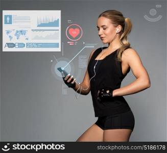 sport, fitness, technology and people concept - young woman with smartphone and earphones listening to music with charts and pulse. woman with smartphone, earphones charts and pulse