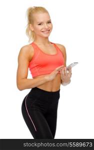 sport, fitness, technology, internet and healthcare - smiling sporty woman with smartphone