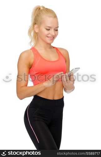 sport, fitness, technology, internet and healthcare - smiling sporty woman with smartphone
