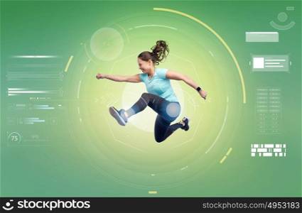 sport, fitness, technology, motion and people concept - happy smiling young woman jumping in air over white background. happy smiling sporty young woman jumping in air