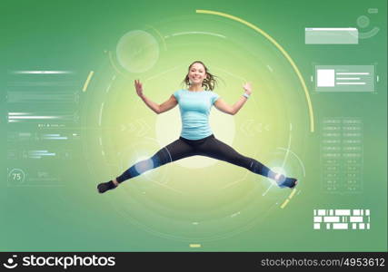 sport, fitness, technology, motion and people concept - happy smiling young woman jumping in air over white background. happy smiling sporty young woman jumping in air