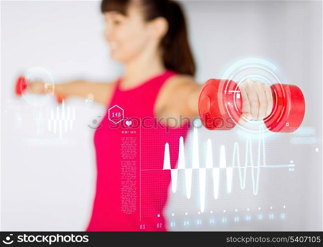 sport, fitness, training and happiness concept - sporty woman hands with light red dumbbells