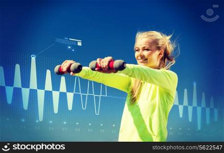 sport, fitness, training and lifestyle concept - young sporty woman with light dumbbells outdoors