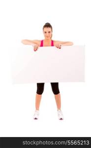 Sport fitness woman hold blank board advertisement with empty copy space, young healthy smile girl athletic muscle body, perfect figure isolated over white background