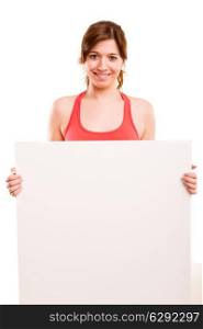 Sport fitness woman hold blank board advertisement with empty copy space, young healthy smile girl athletic muscle body, perfect figure isolated over white background