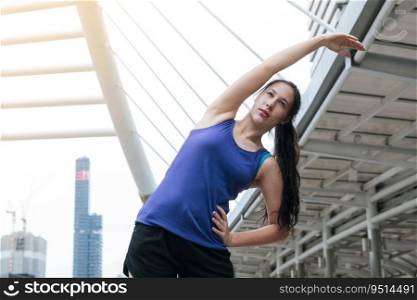 Sport Fitness Women running exercise in modern city wear wellness sportswear outside. Young woman workout outdoor exercising on bright sunny outside. Healthy wellness lifestyle woman concept.