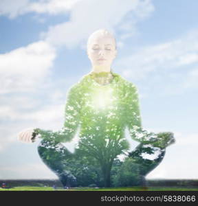 sport, fitness, yoga, double exposure and people concept - happy young woman meditating in lotus pose over blue sky and green tree background