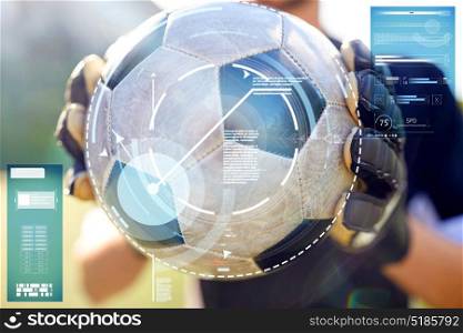 sport, football and technology concept - close up of soccer player or goalkeeper holding ball. close up of goalkeeper with ball playing football