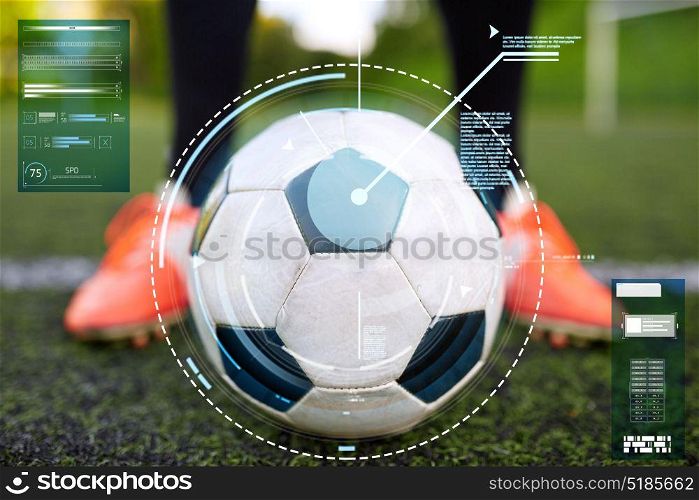 sport, football and technology concept - soccer player with ball on football field. soccer player with ball on football field