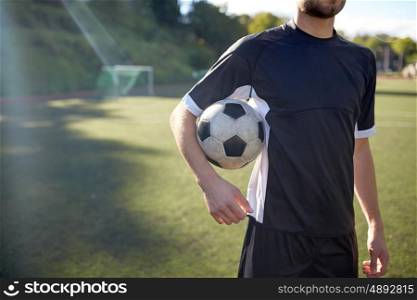 sport, football training and people - close up of soccer player with ball on field