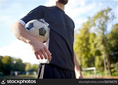 sport, football training and people - close up of soccer player with ball on field. close up of soccer player on football field