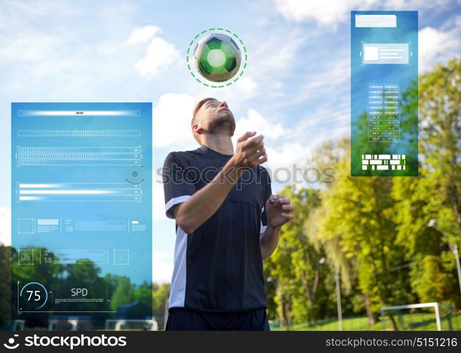 sport, football training and people - soccer player playing and juggling ball using header technique on field. soccer player playing with ball on field