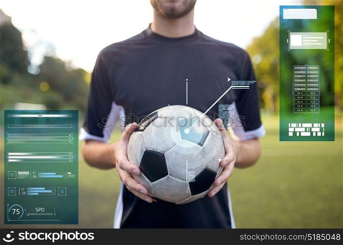 sport, football training and technology - close up of soccer player with ball on field. close up of soccer player with football on field