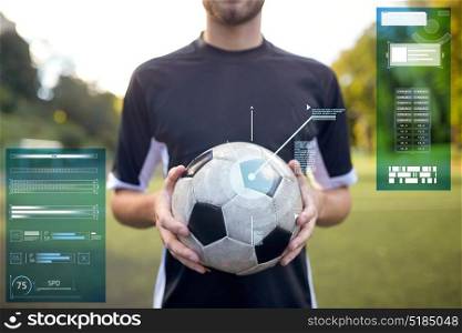 sport, football training and technology - close up of soccer player with ball on field. close up of soccer player with football on field