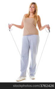 Sport girl plus size doing exercise with skip jump rope - weight loss. Fitness young woman isolated. Studio shot.