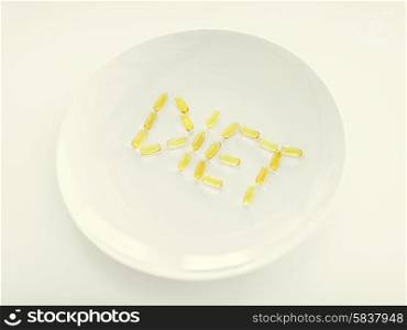 sport, healthcare and diet concept - plate with meds