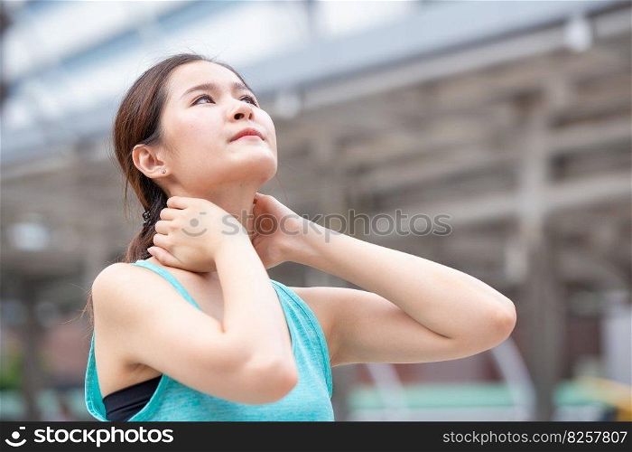 sport healthy women relax neck muscle pain stretching head upward