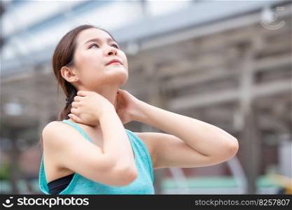 sport healthy women relax neck muscle pain stretching head upward