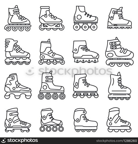 Sport inline skates icons set. Outline set of sport inline skates vector icons for web design isolated on white background. Sport inline skates icons set, outline style