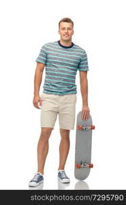sport, leisure and skateboarding concept - smiling young man with skateboard over white background. smiling young man with skateboard over white