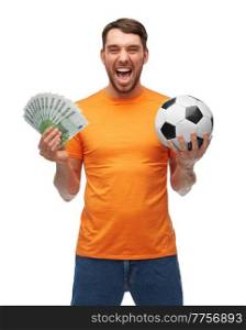 sport, leisure games and online betting concept - happy smiling man or football fan with soccer ball and money over white background. happy football fan with soccer ball and money