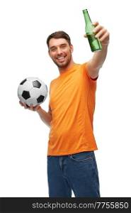 sport, leisure games and people concept - happy smiling man or football fan with soccer ball and bottle of beer over white background. happy football fan with soccer ball and beer
