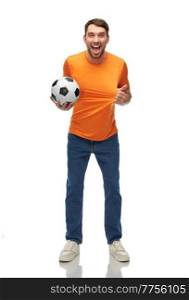 sport, leisure games and people concept - happy smiling man or football fan with soccer ball over white background. happy smiling man or football fan with soccer ball