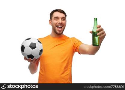 sport, leisure games and people concept - happy smiling man or football fan with soccer ball and bottle of beer over white background. happy football fan with soccer ball and beer