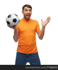 sport, leisure games and people concept - happy smiling man or football fan with soccer ball over white background. happy smiling man or football fan with soccer ball