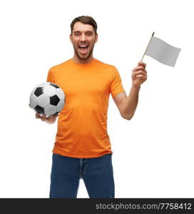 sport, leisure games and people concept - happy smiling man or football fan with soccer ball and flag over white background. man or football fan with soccer ball and flag