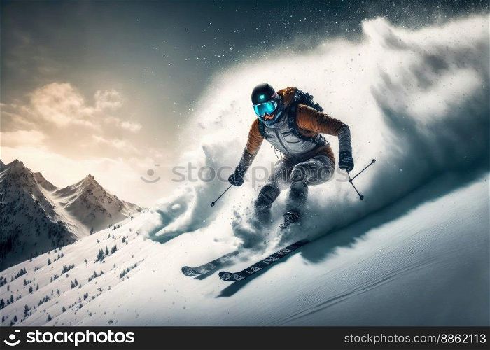 Sport man skiing on snow mountain in winter . Active and extreme sport. Peculiar AI generative image.. Sport man skiing on snow mountain in winter . Active and extreme sport .