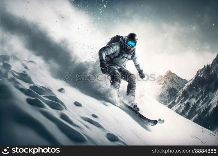 Sport man skiing on snow mountain in winter . Active and extreme sport. Peculiar AI generative image.. Sport man skiing on snow mountain in winter . Active and extreme sport .