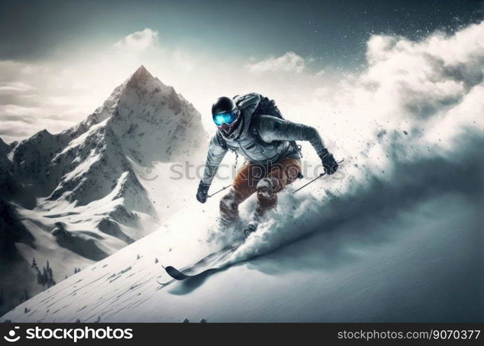 Sport man skiing on snow mountain in winter . Active and extreme sport. Peculiar AI generative image.. Sport man skiing on snow mountain in winter . Active and extreme sport .