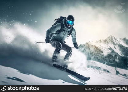 Sport man skiing on snow mountain in winter . Active and extreme sport. Peculiar AI generative image.. Sport man skiing on snow mountain in winter . Active and extreme sport .