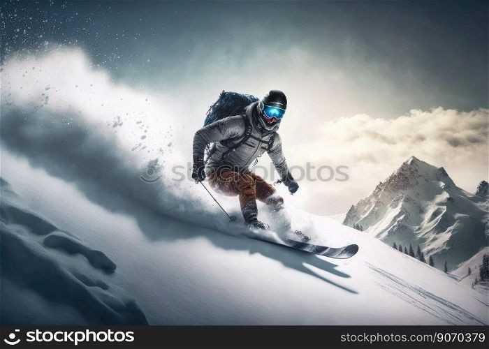 Sport man skiing on snow mountain in winter . Active and extreme sport. Peculiar AI generative image.. Sport man skiing on snow mountain in winter . Active and extreme sport .